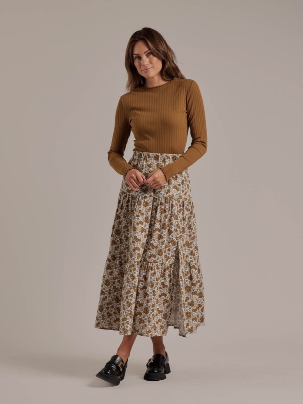 Rylee + Cru, Tiered Midi Skirt, Gardenia, Size Small 